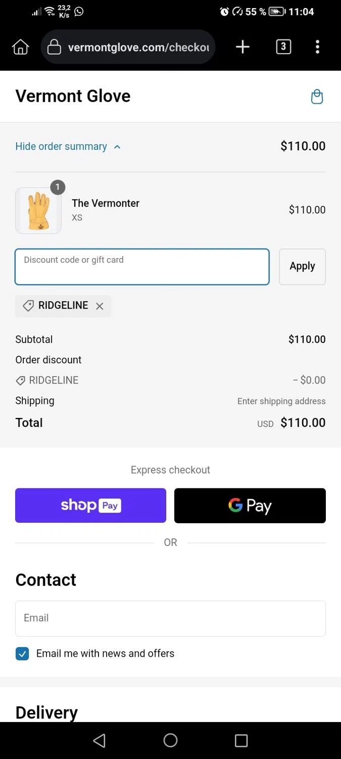 Vermont Glove checkout page showing Vermont Glove discount code box | Screenshot taken by SimplyCodes community member on Sep 18, 2023