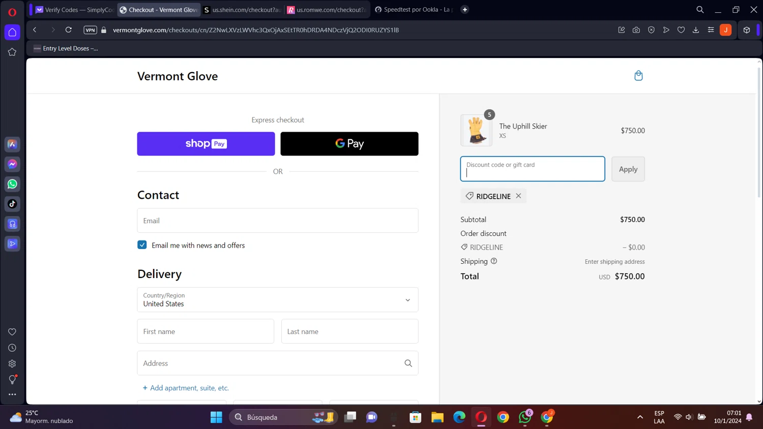 Vermont Glove checkout page showing Vermont Glove discount code box | Screenshot taken by SimplyCodes community member on Jan 10, 2024