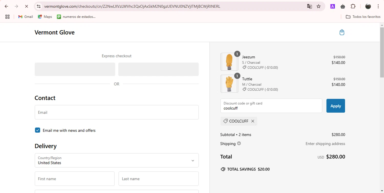 Vermont Glove checkout page showing Vermont Glove discount code box | Screenshot taken by SimplyCodes community member on Nov 8, 2024
