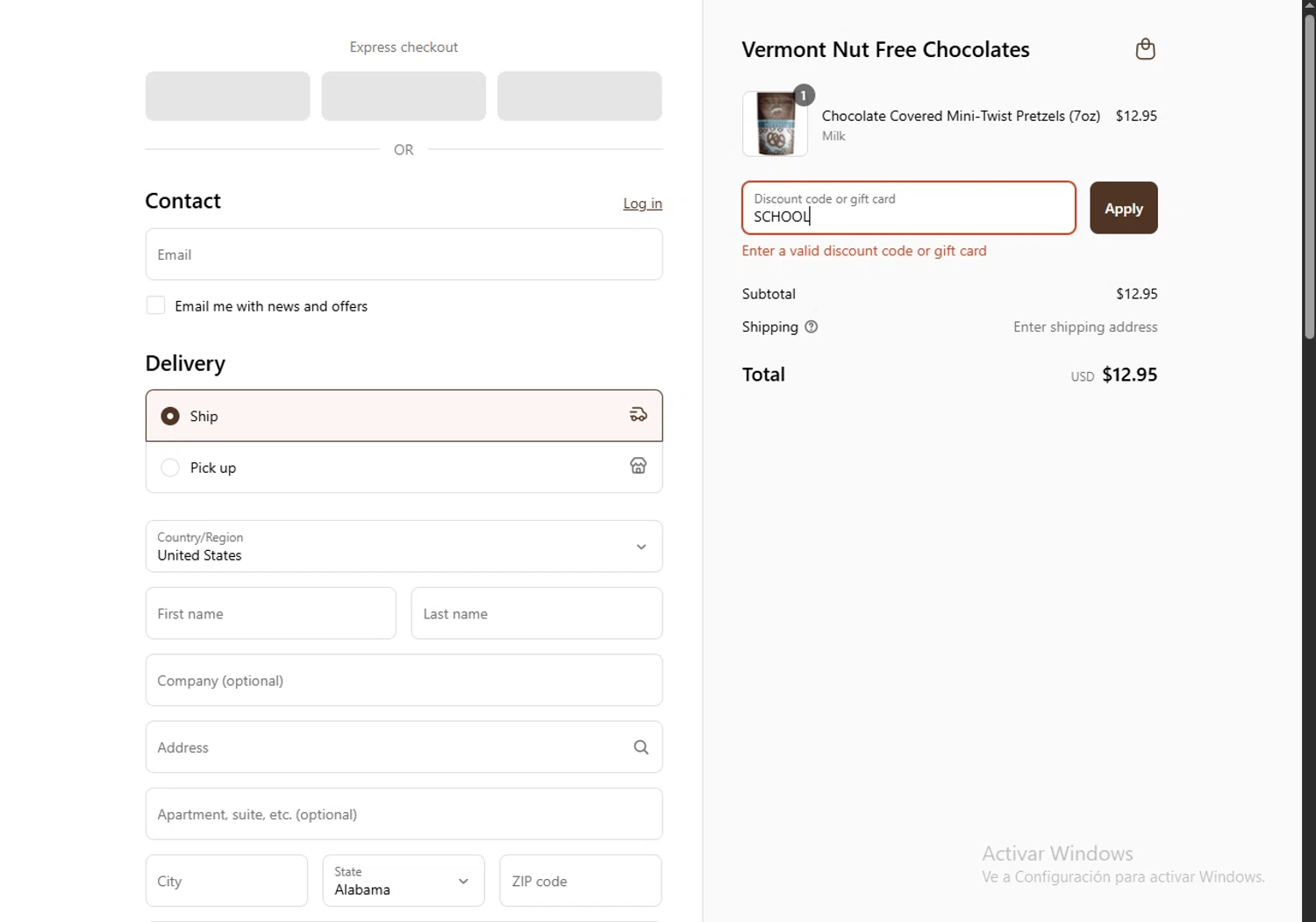 Vermont Nut Free promo code screenshot showing code SCHOOL applied at Vermont Nut Free checkout page. Uploaded by SimplyCodes community member SavvyAdmiral5612 on Aug 12, 2025