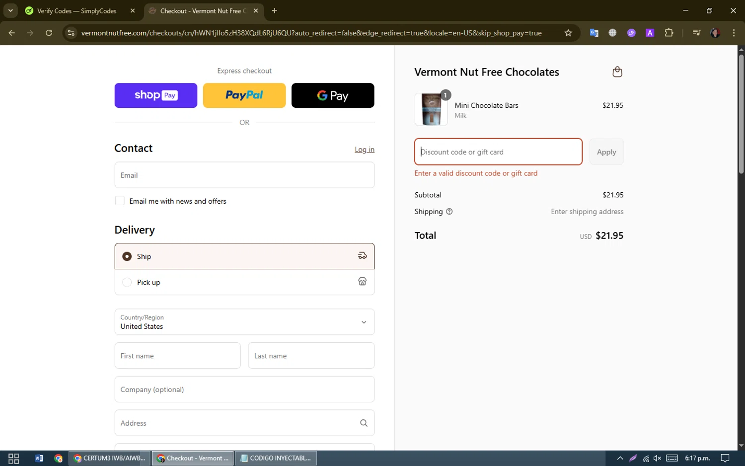 Vermont Nut Free promo code screenshot showing code SCHOOL applied at Vermont Nut Free checkout page. Uploaded by SimplyCodes community member oooooi on Aug 12, 2025