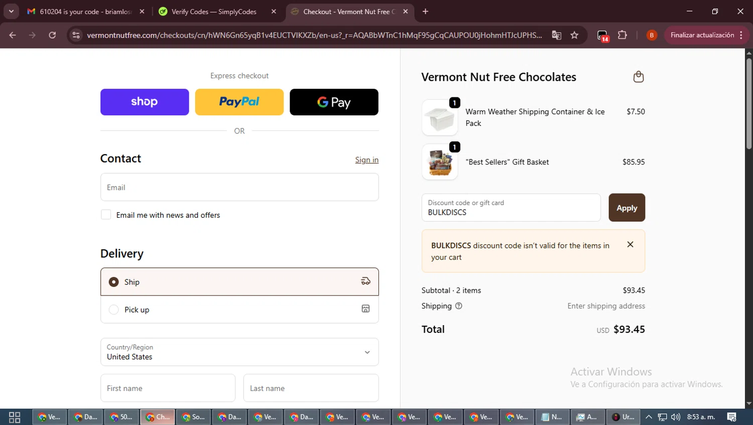 Vermont Nut Free promo code screenshot showing code BULKDISCS applied at Vermont Nut Free checkout page. Uploaded by SimplyCodes community member DiscountExpert6435 on Dec 10, 2025