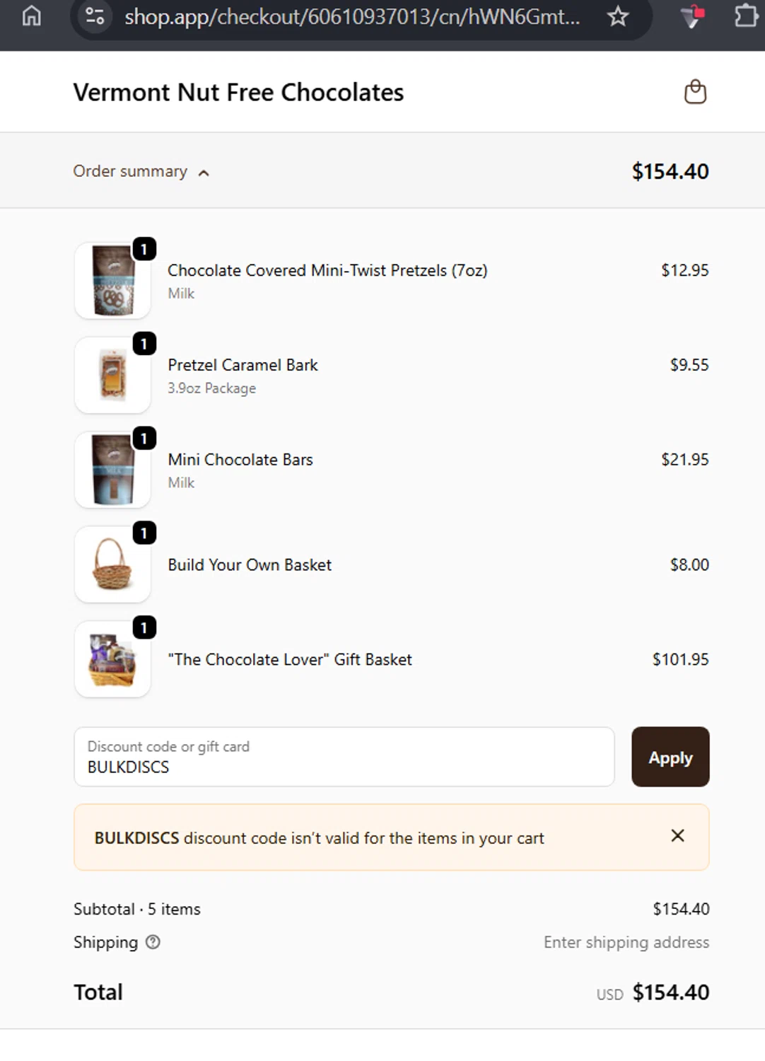 Vermont Nut Free promo code screenshot showing code BULKDISCS applied at Vermont Nut Free checkout page. Uploaded by SimplyCodes community member WonderExpert2552 on Dec 10, 2025