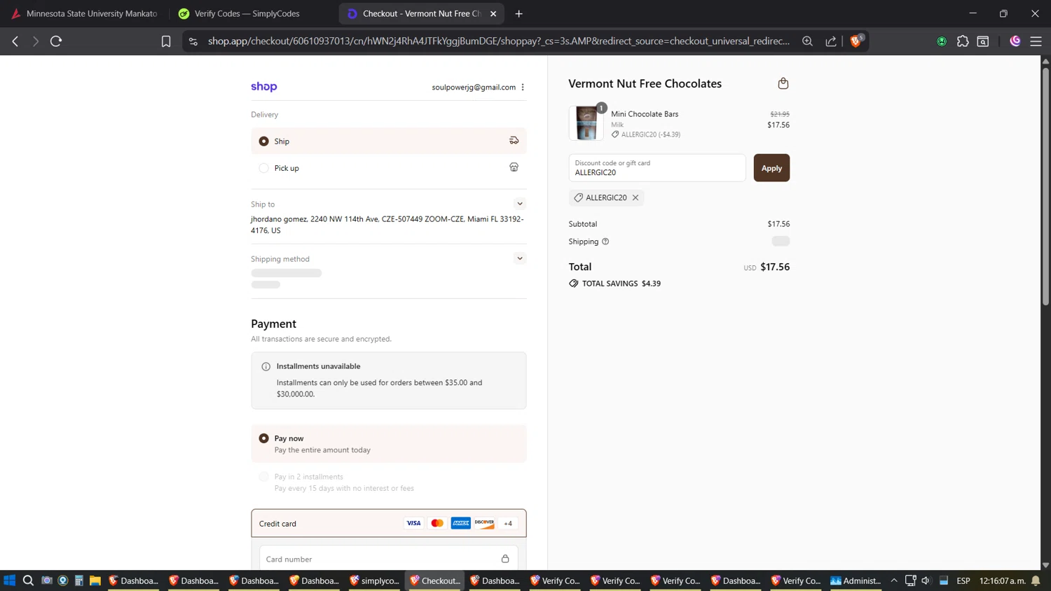 Vermont Nut Free promo code screenshot showing code ALLERGIC20 applied at Vermont Nut Free checkout page. Uploaded by SimplyCodes community member Phoenix on Sep 8, 2025