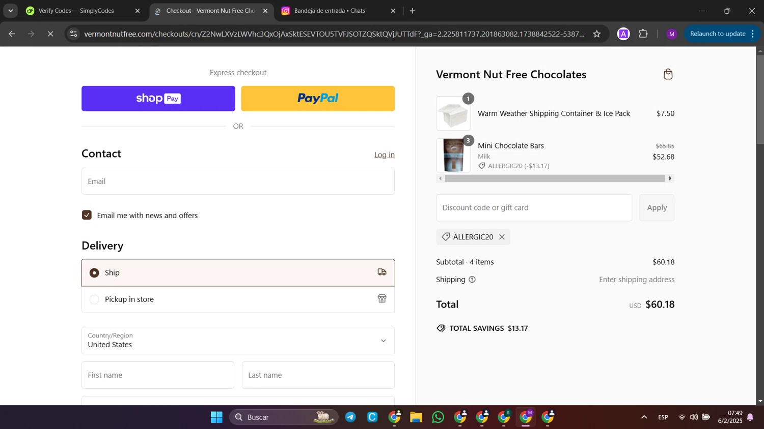 Vermont Nut Free promo code screenshot showing code ALLERGIC20 applied at Vermont Nut Free checkout page. Uploaded by SimplyCodes community member jinwoo on Feb 6, 2025