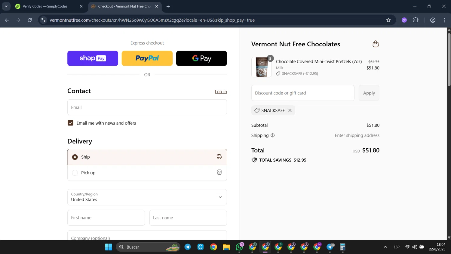 Vermont Nut Free promo code screenshot showing code SNACKSAFE applied at Vermont Nut Free checkout page. Uploaded by SimplyCodes community member CleverFalcon6244 on Aug 22, 2025