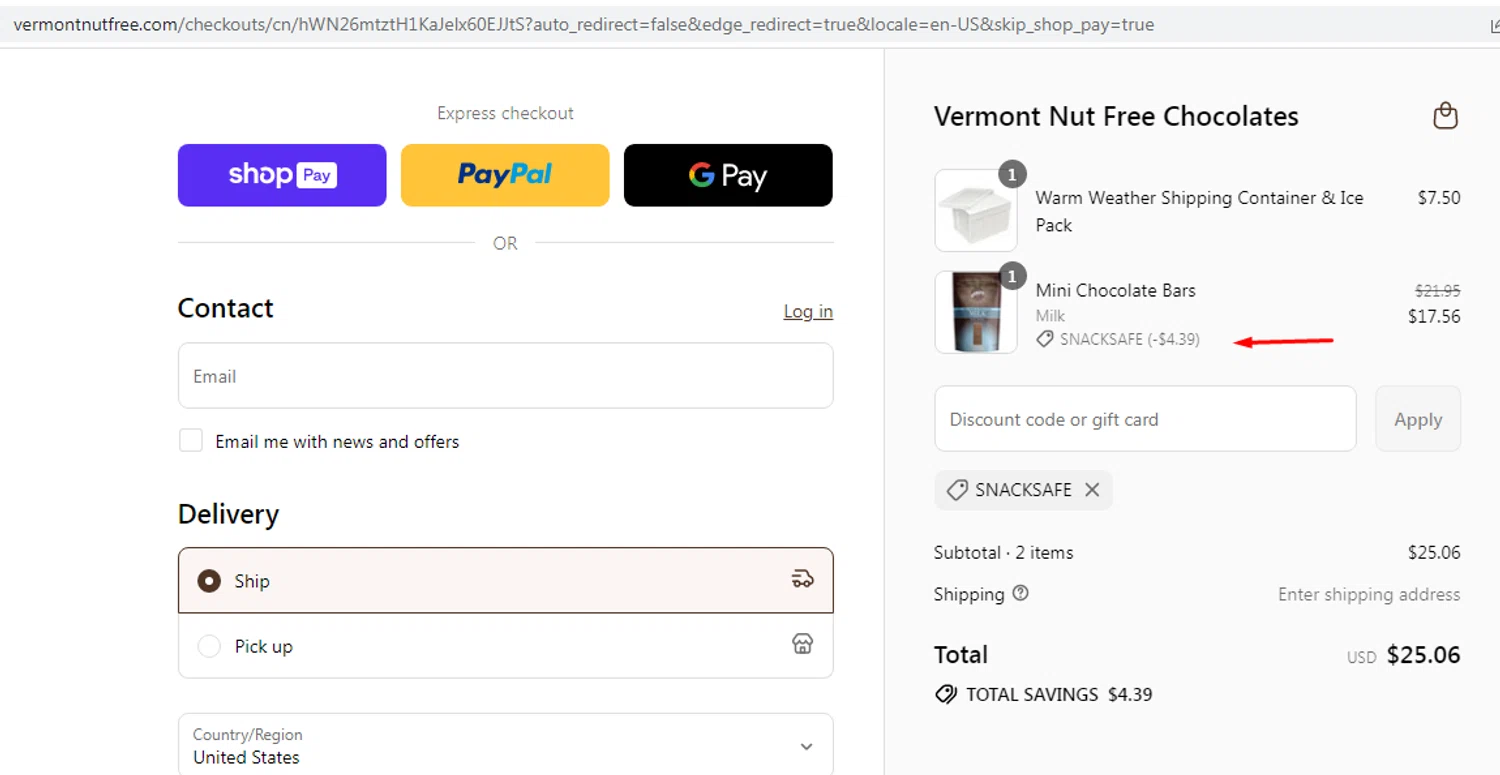 Vermont Nut Free promo code screenshot showing code SNACKSAFE applied at Vermont Nut Free checkout page. Uploaded by SimplyCodes community member EMILIANOMASABE on Aug 22, 2025