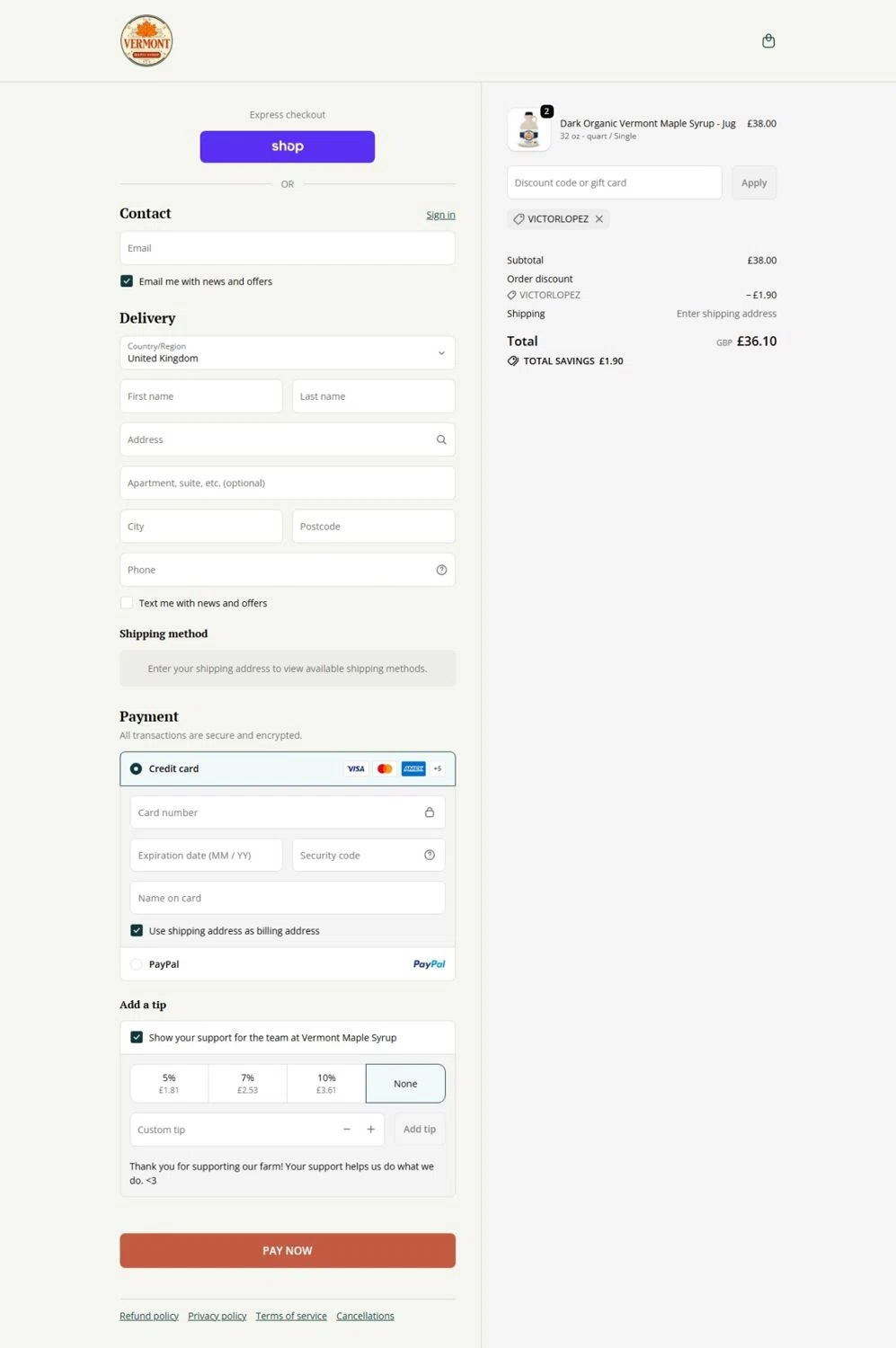 Vermont Maple Syrup promo code screenshot showing code VICTORLOPEZ applied at Vermont Maple Syrup checkout page. Uploaded by SimplyCodes community member belma123 on Jun 7, 2026