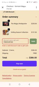 Vermont Wagyu coupon verification screenshot