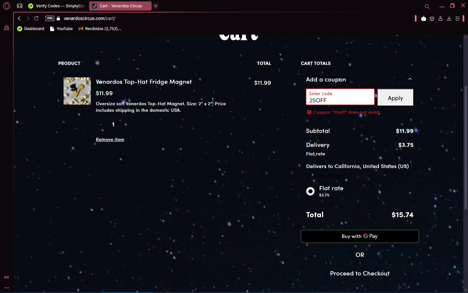 Vernardos Circus promo code screenshot showing code 25OFF applied at Vernardos Circus checkout page. Uploaded by SimplyCodes community member number_1 on Mar 12, 2025