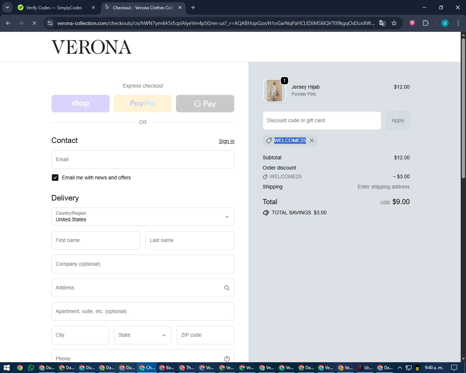 Verona Collection checkout page showing Verona Collection promo code box | Screenshot taken by SimplyCodes community member on Jan 24, 2026