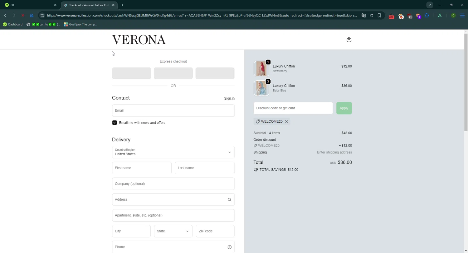 Verona Collection promo code screenshot showing code WELCOME25 applied at Verona Collection checkout page. Uploaded by SimplyCodes community member CrownGuardian9882 on Dec 1, 2025