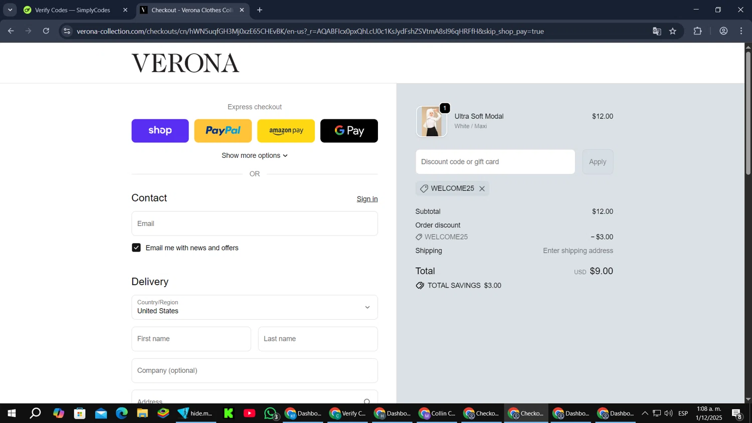 Verona Collection promo code screenshot showing code WELCOME25 applied at Verona Collection checkout page. Uploaded by SimplyCodes community member MoneyPilot9165 on Dec 1, 2025