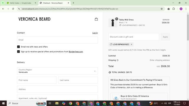 Veronica Beard checkout page showing Veronica Beard coupon code box | Screenshot taken by SimplyCodes community member on Feb 7, 2025