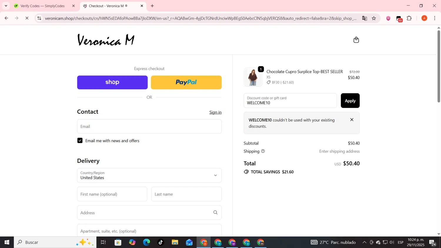 Veronica M coupon code screenshot showing code WELCOME10 applied at Veronica M checkout page. Uploaded by SimplyCodes community member FrugalSentinel6206 on Nov 30, 2025