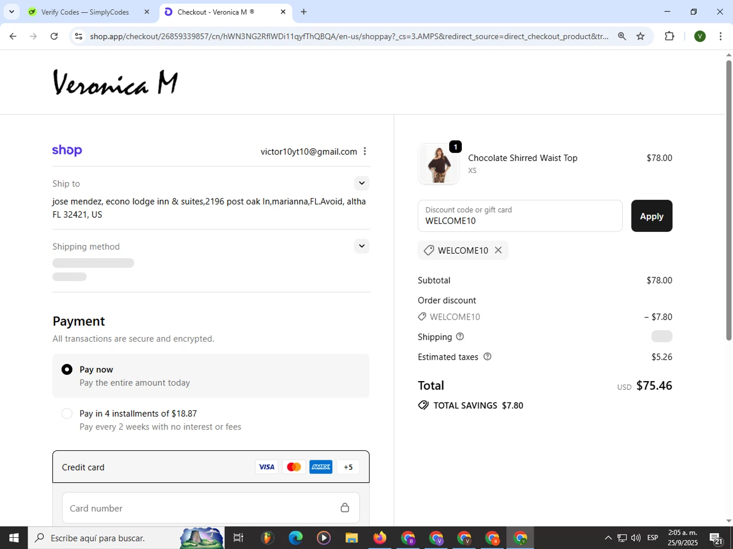 Veronica M coupon code screenshot showing code WELCOME10 applied at Veronica M checkout page. Uploaded by SimplyCodes community member PrimeWizard4168 on Sep 25, 2025