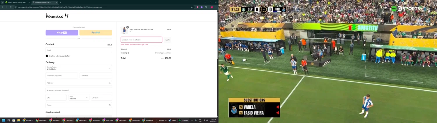 Veronica M coupon code screenshot showing code 20OFF applied at Veronica M checkout page. Uploaded by SimplyCodes community member ExtraordinaryVirtuoso281 on Jun 15, 2025