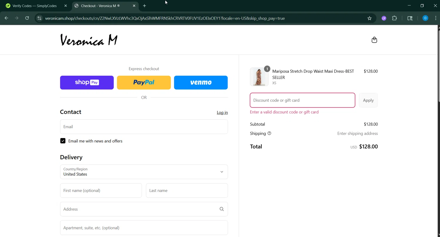 Veronica M coupon code screenshot showing code 20OFF applied at Veronica M checkout page. Uploaded by SimplyCodes community member GoldAdmiral5202 on Jun 16, 2025