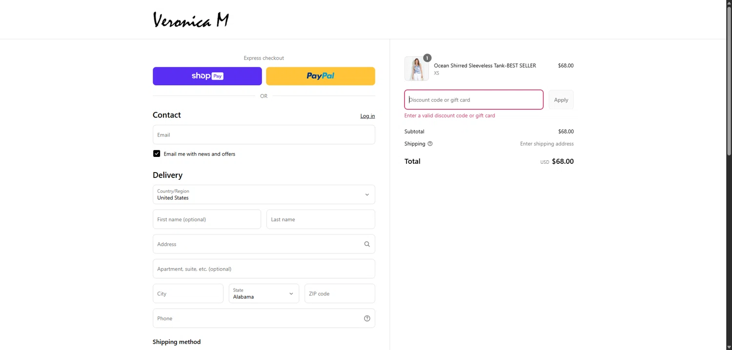 Veronica M coupon code screenshot showing code 20OFF applied at Veronica M checkout page. Uploaded by SimplyCodes community member TokenCollector1268 on Jun 16, 2025