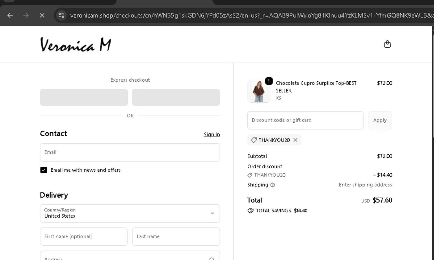 Veronica M coupon code screenshot showing code THANKYOU20 applied at Veronica M checkout page. Uploaded by SimplyCodes community member BonusPro7395 on Nov 9, 2025