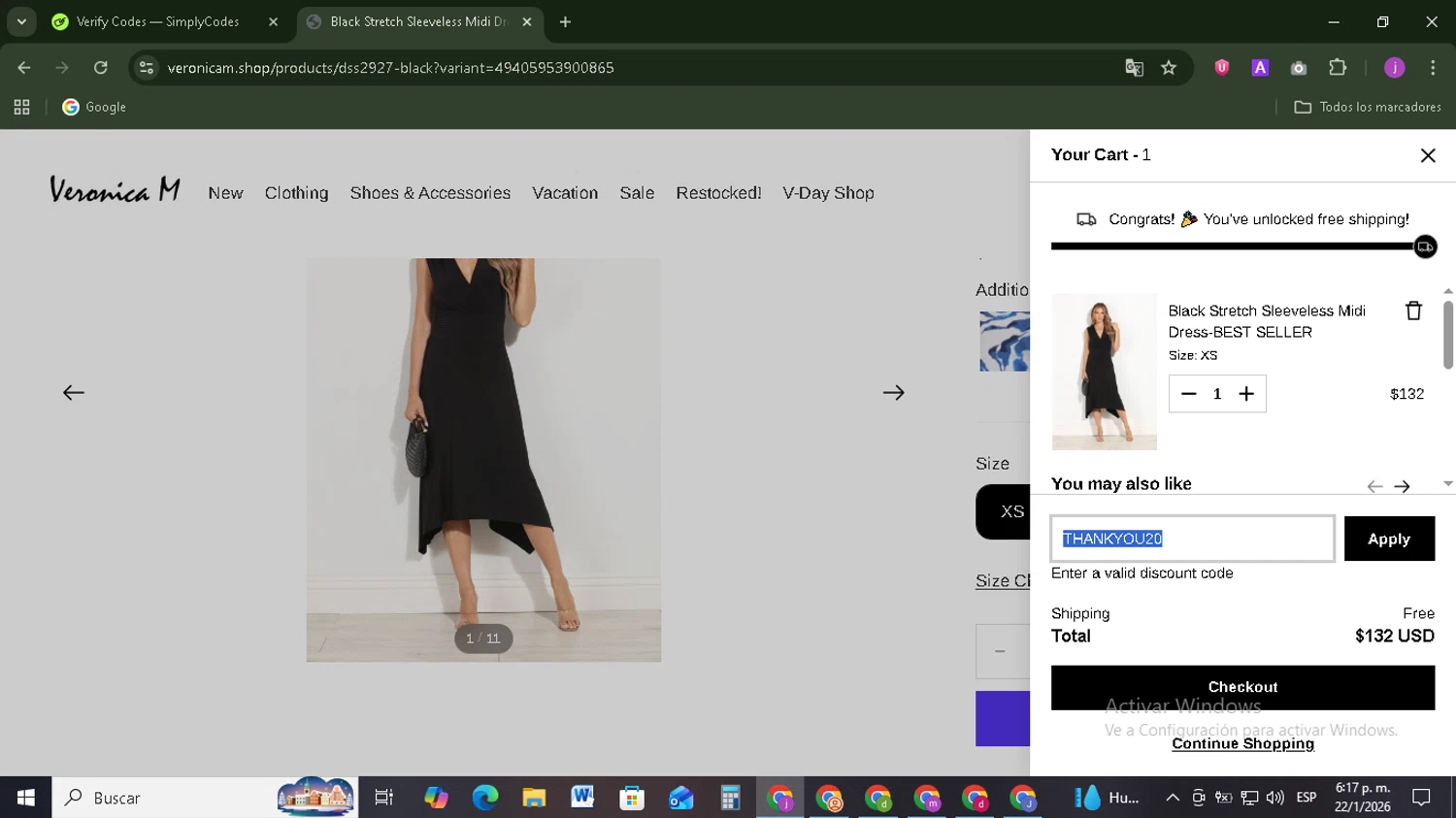 Veronica M coupon code screenshot showing code THANKYOU20 applied at Veronica M checkout page. Uploaded by SimplyCodes community member Tazbravo on Jan 22, 2026