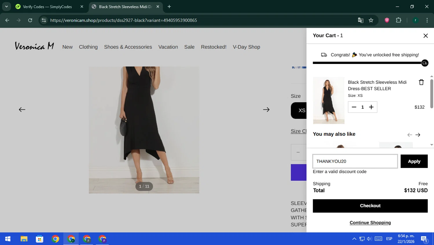 Veronica M coupon code screenshot showing code THANKYOU20 applied at Veronica M checkout page. Uploaded by SimplyCodes community member rodri1 on Jan 22, 2026