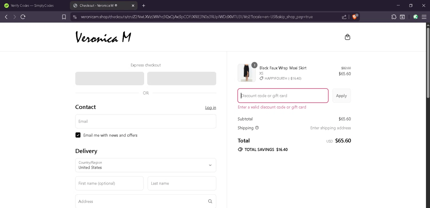 Veronica M coupon code screenshot showing code HAPPYFOURTH applied at Veronica M checkout page. Uploaded by SimplyCodes community member Estefani4 on Jul 4, 2025