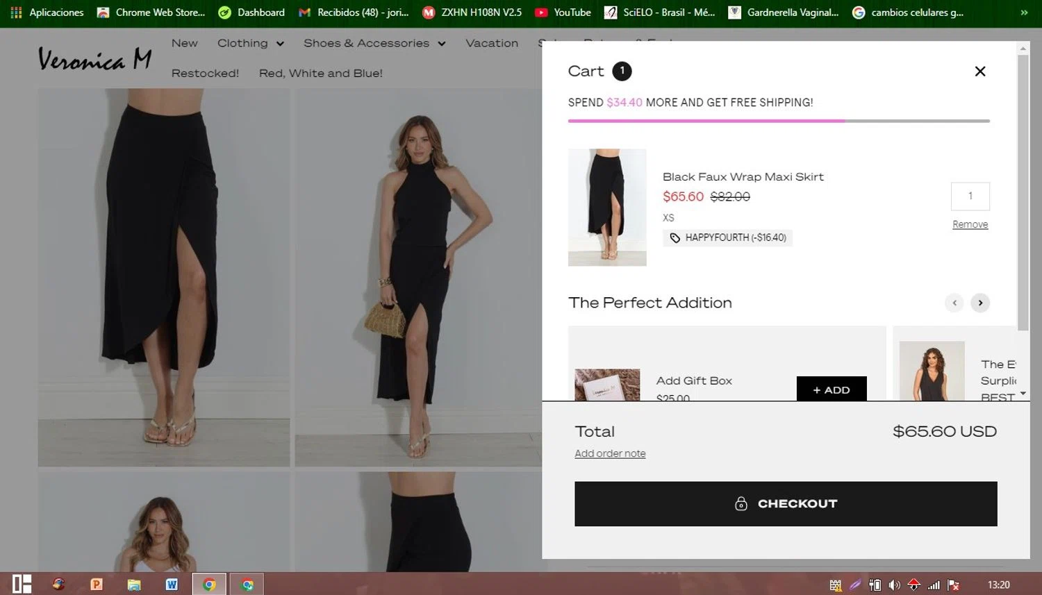 Veronica M coupon code screenshot showing code HAPPYFOURTH applied at Veronica M checkout page. Uploaded by SimplyCodes community member Patobel on Jul 4, 2025