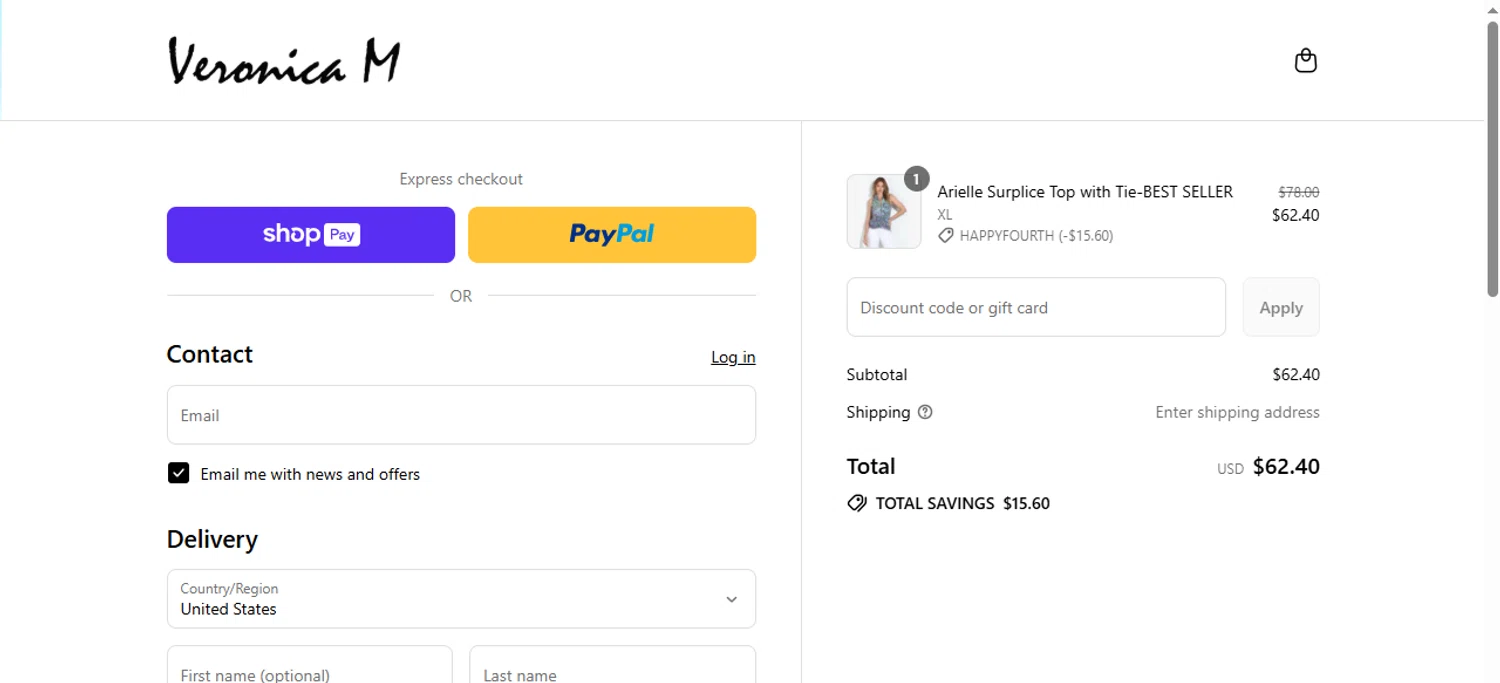 Veronica M coupon code screenshot showing code HAPPYFOURTH applied at Veronica M checkout page. Uploaded by SimplyCodes community member armandosardinha on Jul 4, 2025