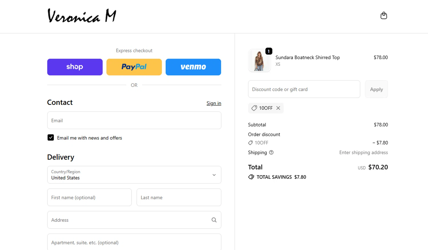 Veronica M coupon code screenshot showing code 10off applied at Veronica M checkout page. Uploaded by SimplyCodes community member Espaguetticonpollo on Oct 7, 2025