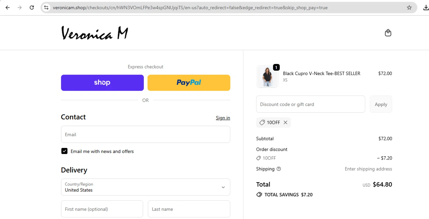 Veronica M coupon code screenshot showing code 10off applied at Veronica M checkout page. Uploaded by SimplyCodes community member carol_lameda on Sep 28, 2025