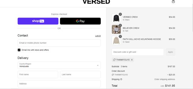 VERSED checkout page showing VERSED discount code box | Screenshot taken by SimplyCodes community member on May 17, 2025