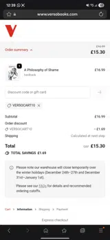 VERSOCART10 coupon verification screenshot