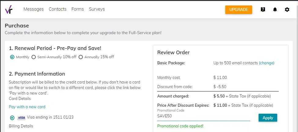 VerticalResponse checkout page showing VerticalResponse promo code box | Screenshot taken by SimplyCodes community member on May 16, 2020