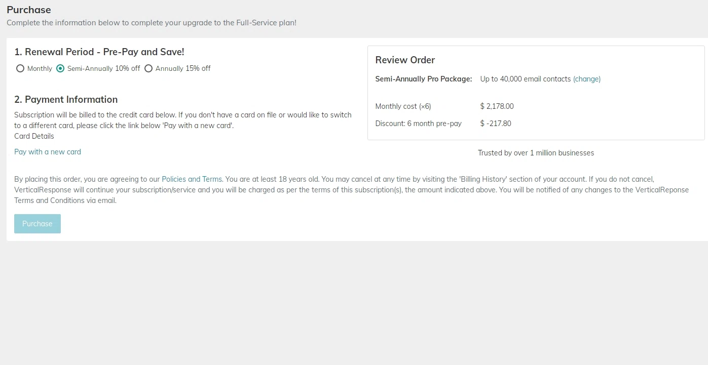 VerticalResponse checkout page showing VerticalResponse promo code box | Screenshot taken by SimplyCodes community member on Jul 19, 2020