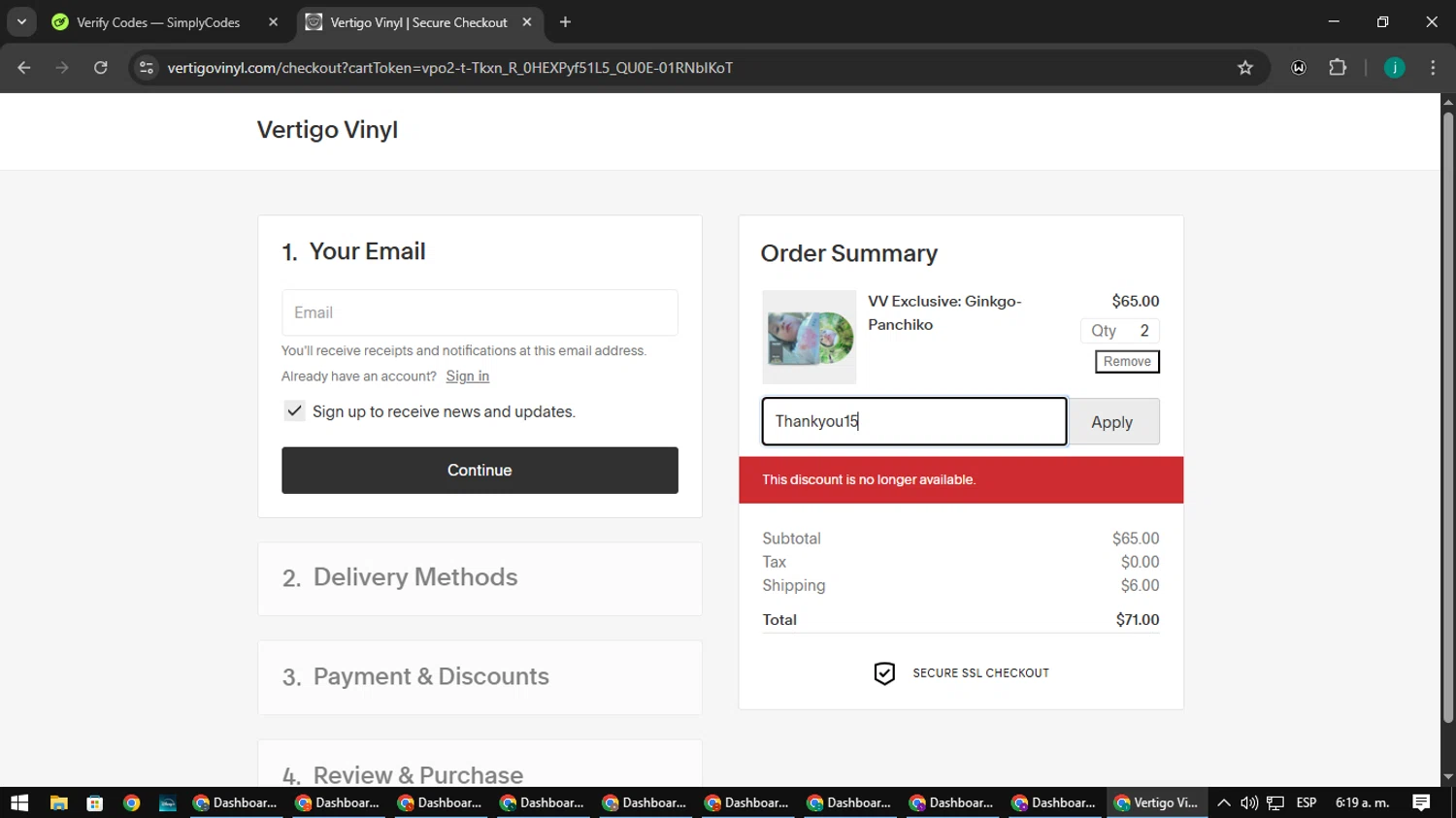 Vertigo Vinyl discount code screenshot showing code Thankyou15 applied at Vertigo Vinyl checkout page. Uploaded by SimplyCodes community member BargainPilot6282 on Mar 15, 2025