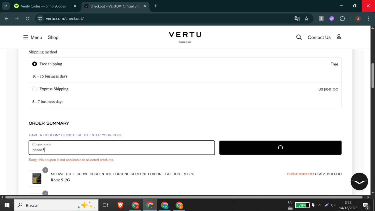 Vertu promo code screenshot showing code phone5 applied at Vertu checkout page. Uploaded by SimplyCodes community member Jeffersontorrealba on Dec 14, 2025