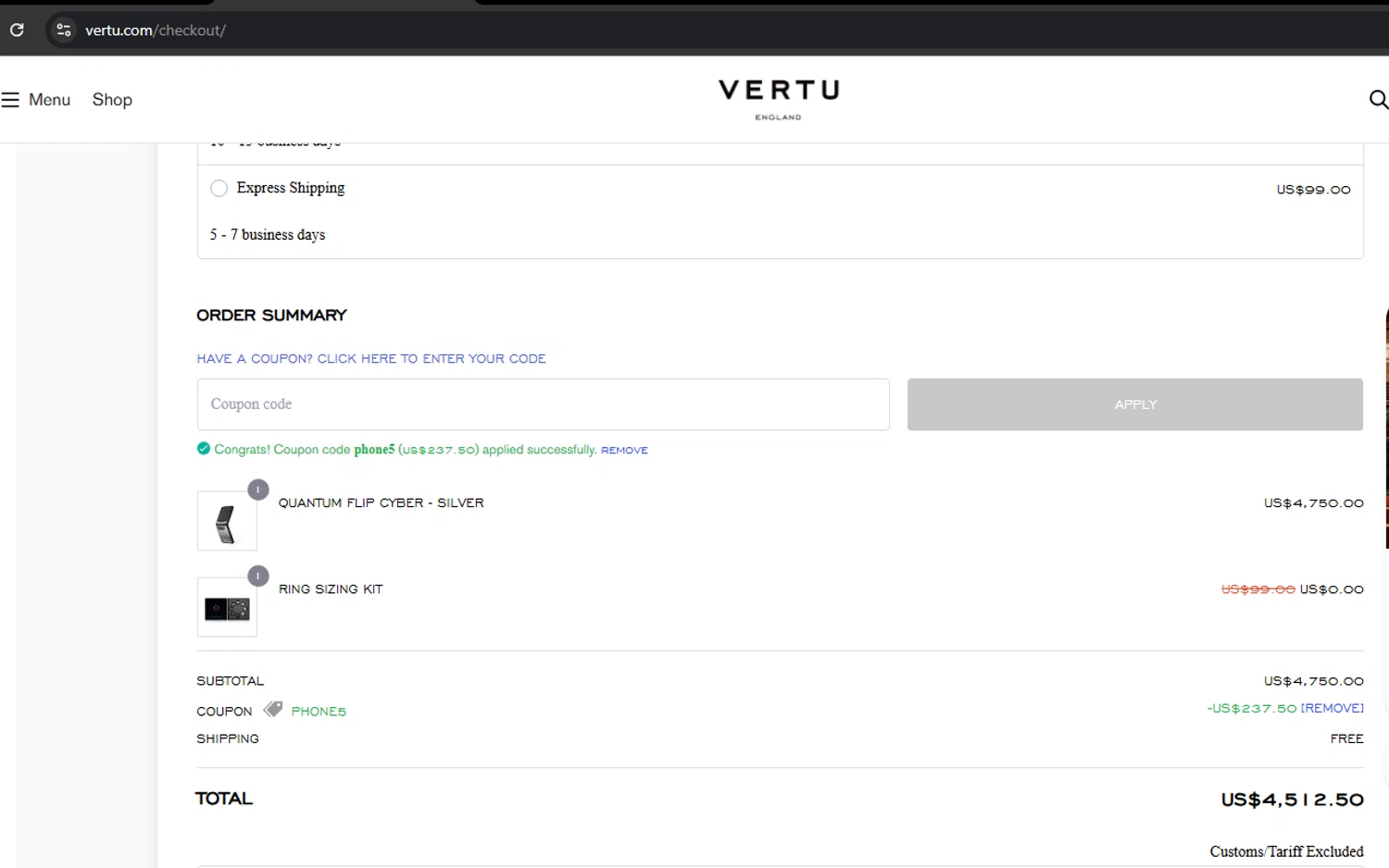 Vertu checkout page showing Vertu promo code box | Screenshot taken by SimplyCodes community member on Feb 11, 2026