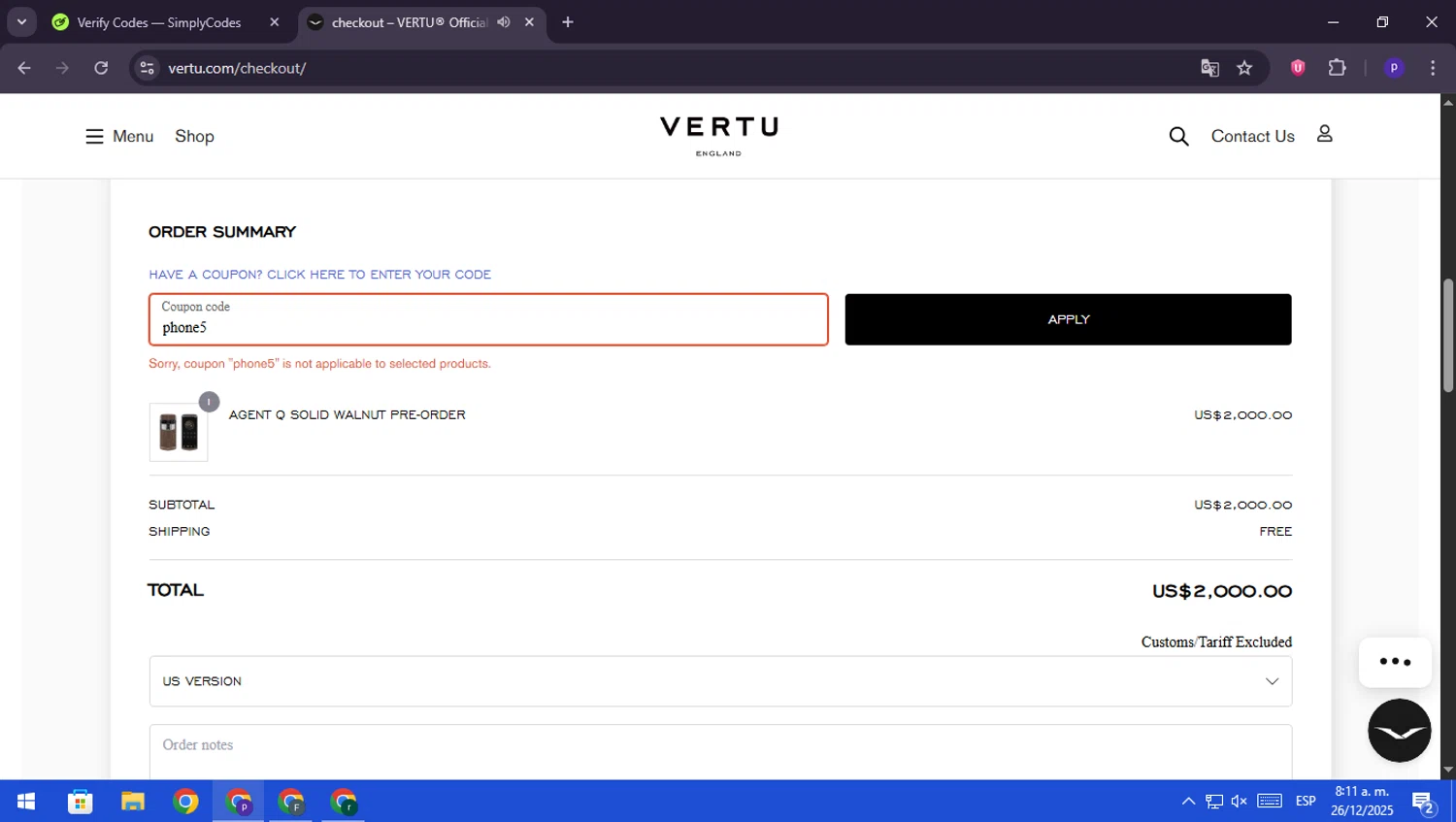 Vertu promo code screenshot showing code phone5 applied at Vertu checkout page. Uploaded by SimplyCodes community member RebateScout6612 on Dec 26, 2025