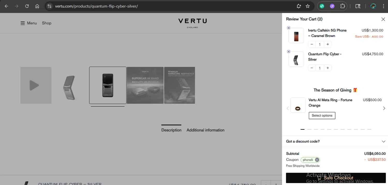 Vertu promo code screenshot showing code phone5 applied at Vertu checkout page. Uploaded by SimplyCodes community member xAngel on Dec 8, 2025