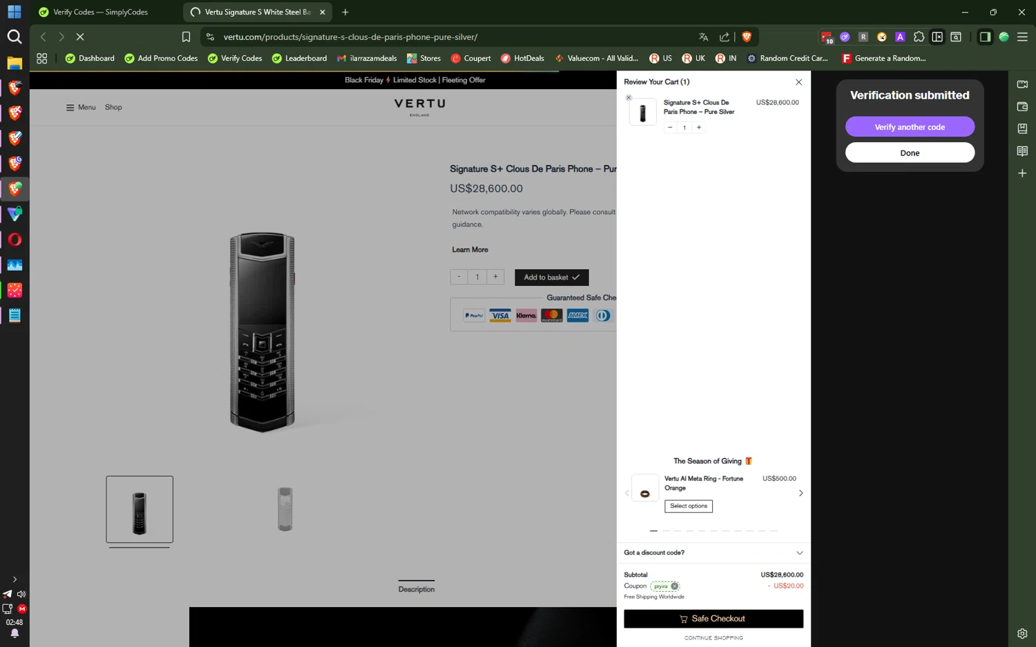 Vertu promo code screenshot showing code PRYIRA applied at Vertu checkout page. Uploaded by SimplyCodes community member SilentNova8472 on Dec 3, 2025