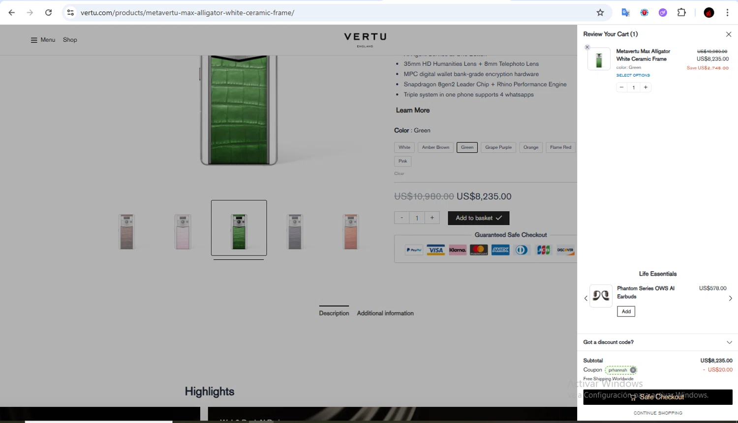 Vertu promo code screenshot showing code PRHANNAH applied at Vertu checkout page. Uploaded by SimplyCodes community member Francisco01 on Jan 10, 2026