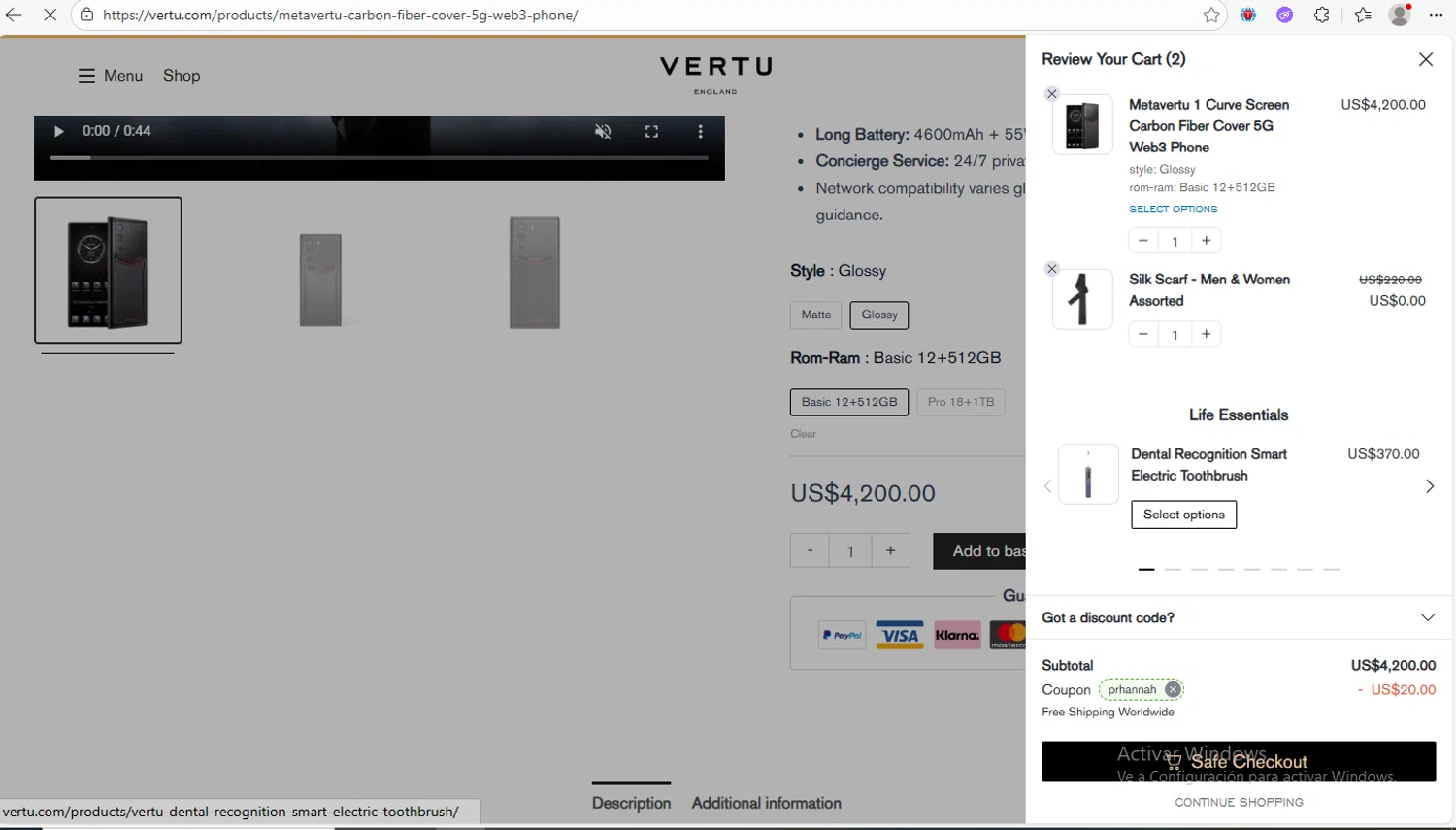 Vertu checkout page showing Vertu promo code box | Screenshot taken by SimplyCodes community member on Feb 20, 2026