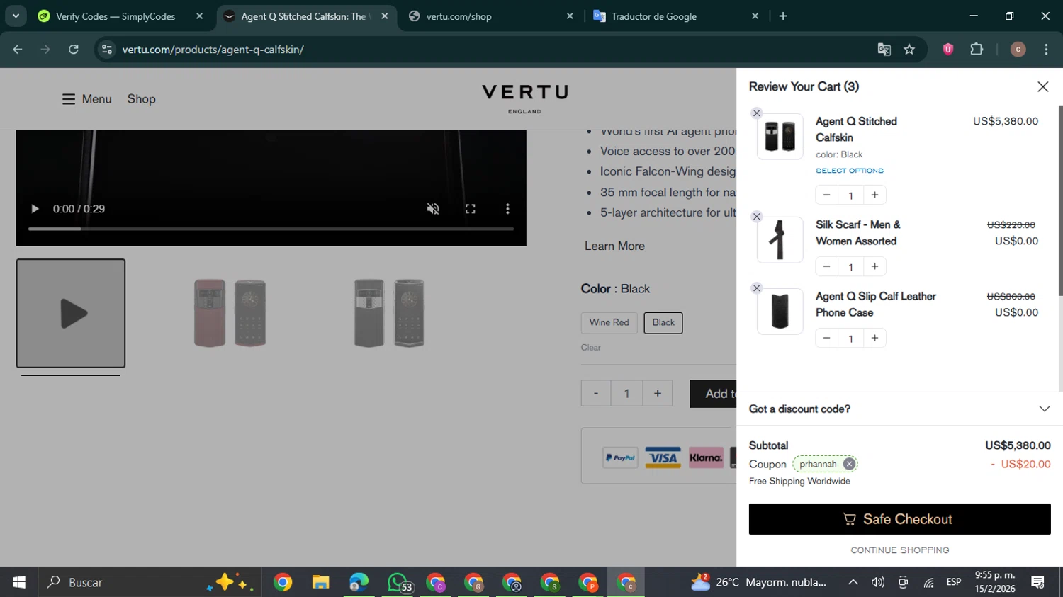 Vertu promo code screenshot showing code PRHANNAH applied at Vertu checkout page. Uploaded by SimplyCodes community member NobleExpert6497 on Feb 16, 2026