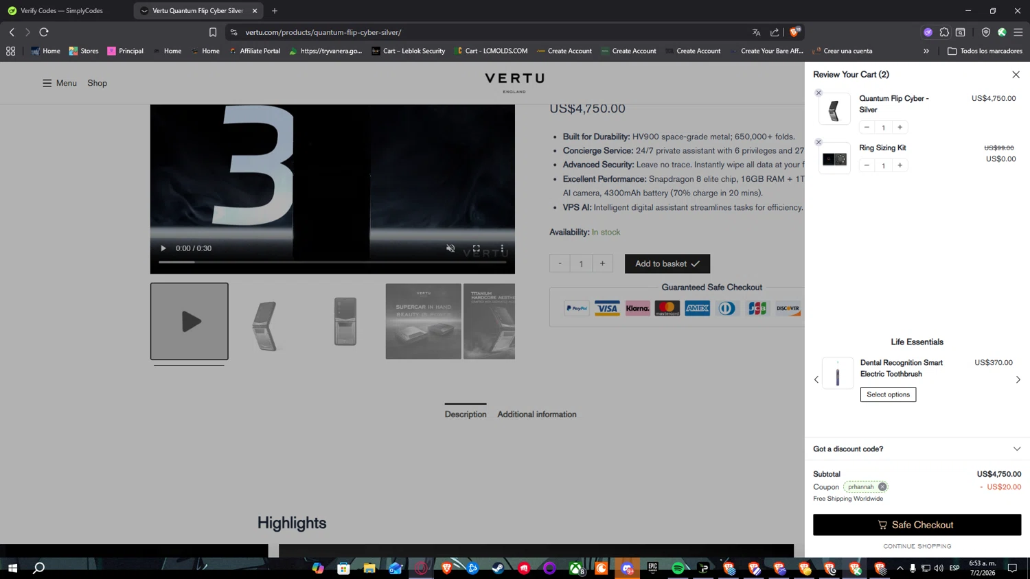Vertu promo code screenshot showing code PRHANNAH applied at Vertu checkout page. Uploaded by SimplyCodes community member SimplyNerd on Feb 7, 2026