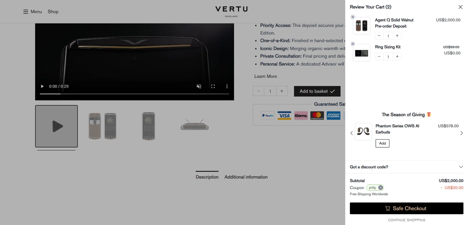 Vertu promo code screenshot showing code PRLILY applied at Vertu checkout page. Uploaded by SimplyCodes community member MagnifiHero3476 on Jan 5, 2026