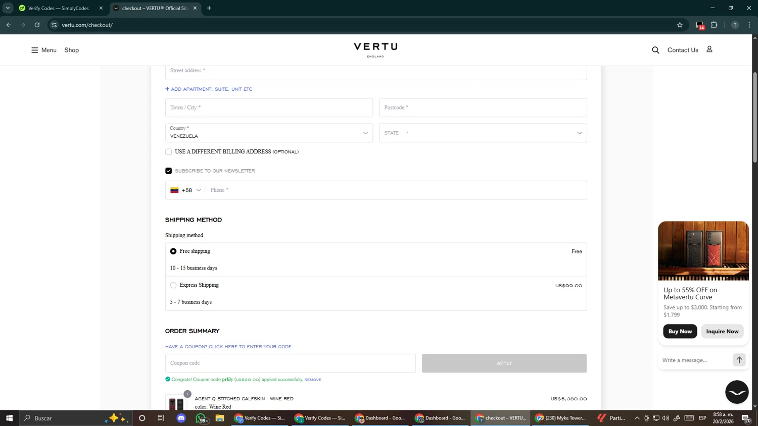 Vertu checkout page showing Vertu promo code box | Screenshot taken by SimplyCodes community member on Feb 20, 2026