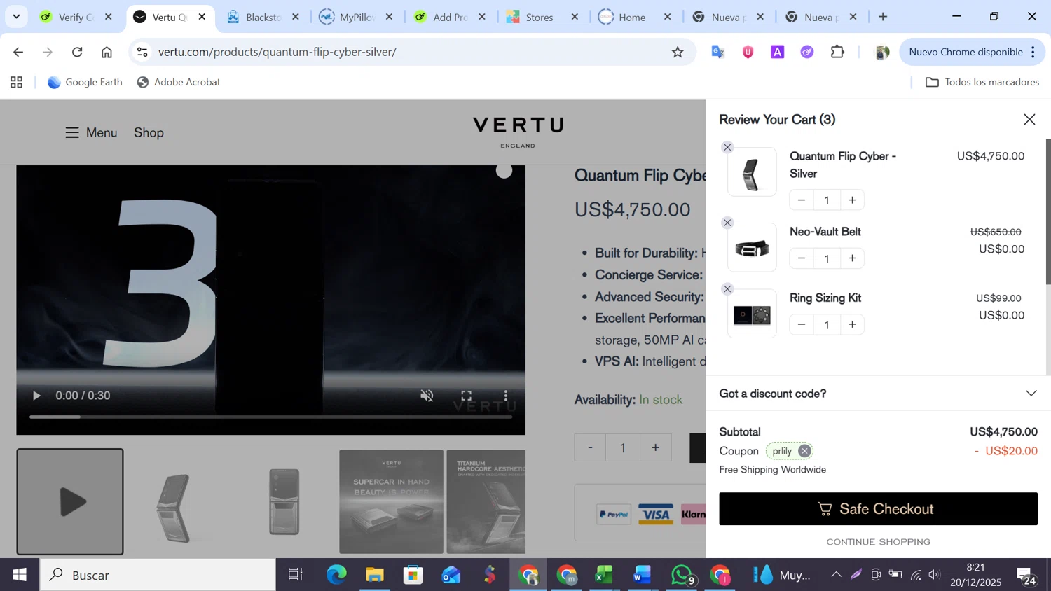 Vertu promo code screenshot showing code PRLILY applied at Vertu checkout page. Uploaded by SimplyCodes community member NobleMonarch5837 on Dec 20, 2025