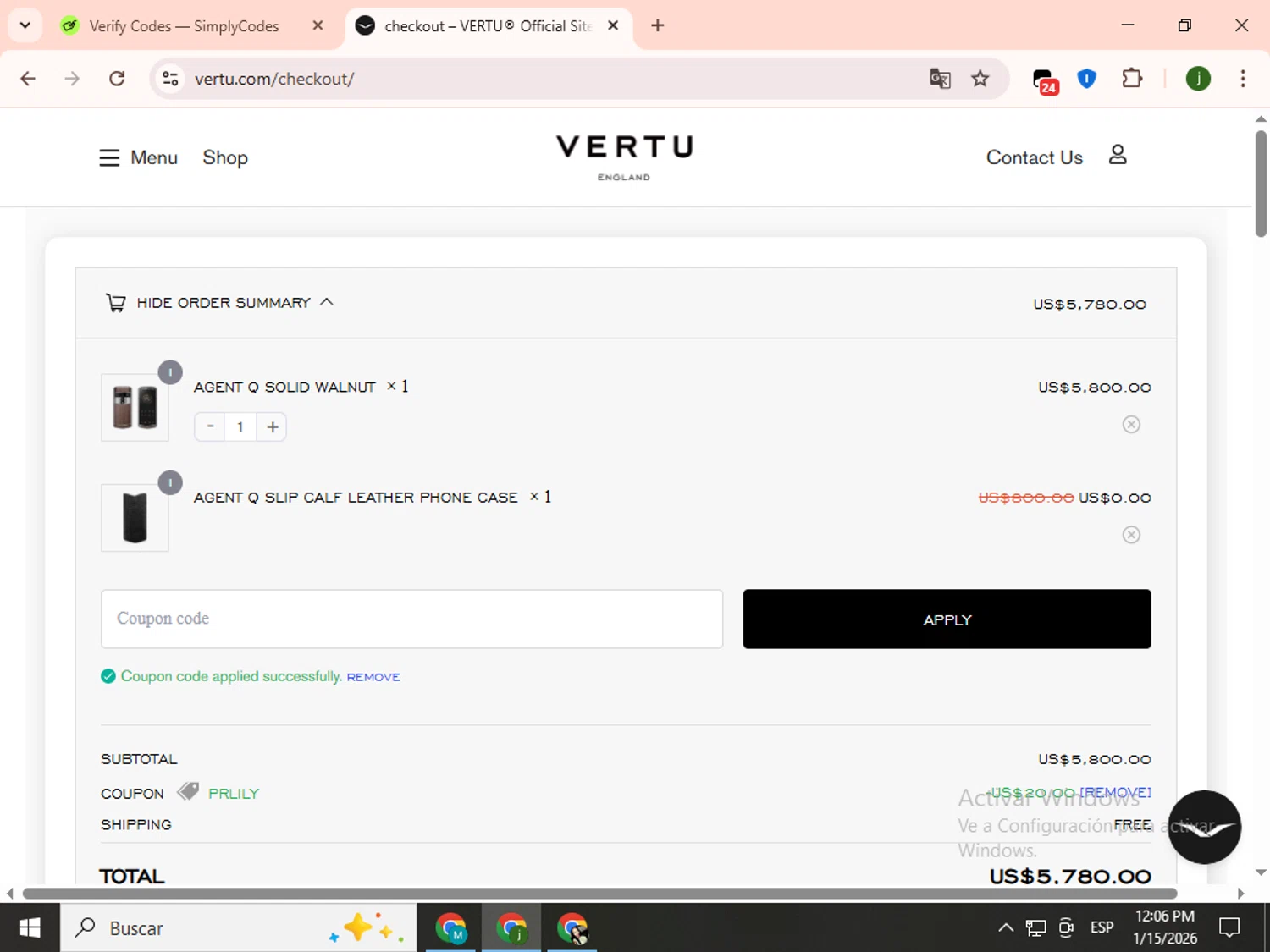 Vertu promo code screenshot showing code PRLILY applied at Vertu checkout page. Uploaded by SimplyCodes community member SavingsCollector2592 on Jan 15, 2026