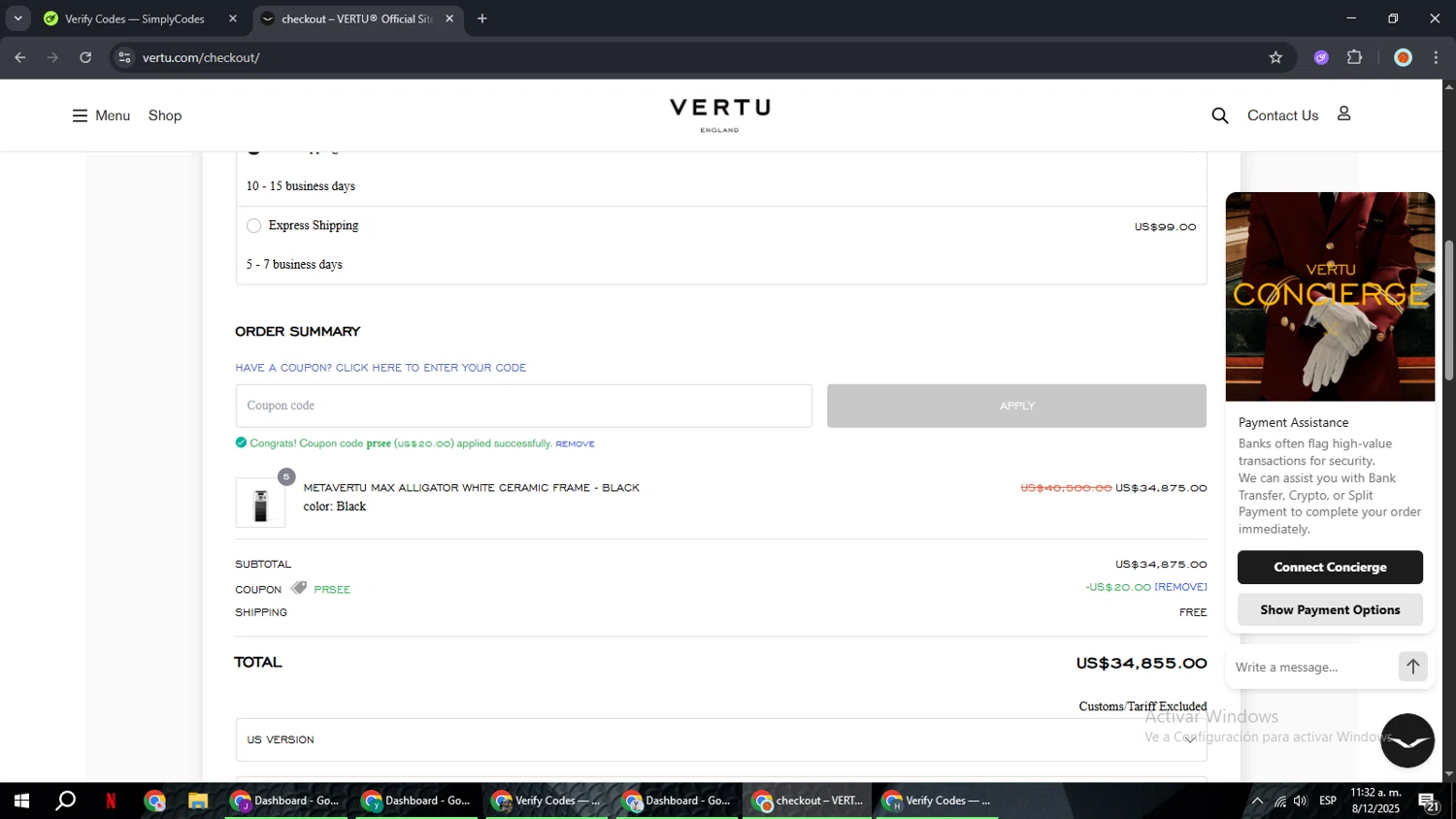 Vertu promo code screenshot showing code PRSEE applied at Vertu checkout page. Uploaded by SimplyCodes community member BonusCaptain9927 on Dec 8, 2025